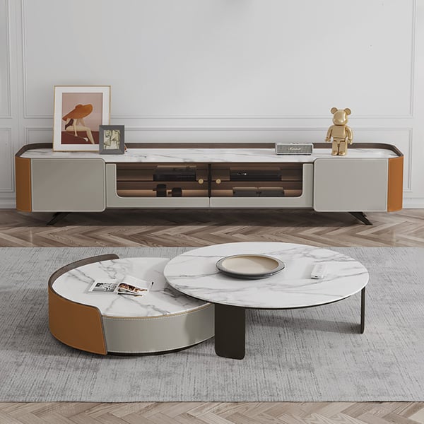 Contemporary Round Nesting Coffee Table Set of 3 with TV Stand in White
