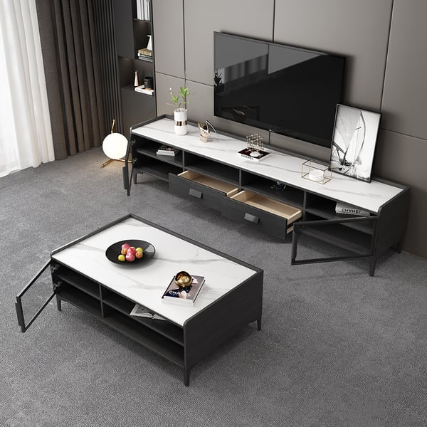 Modern TV Stand & Coffee Table Set of 2 in White & Black for 85" TV