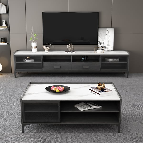 Modern TV Stand & Coffee Table Set of 2 in White & Black for 85" TV