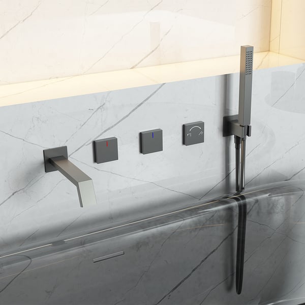 Wall Mounted Bath Tap with Handshower Solid Brass in Gunmetal Grey ...