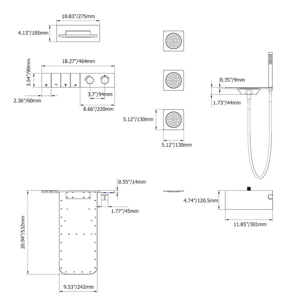 WallMounted 532mm Waterfall Shower Set 4Function with Body Sprays & HandshowerHomary