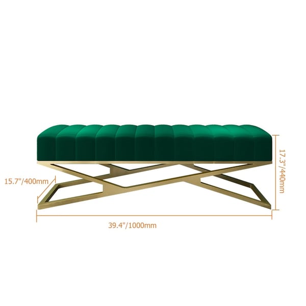 Modern Entryway Bench Green Velvet Upholstered Ottoman Bench in Gold