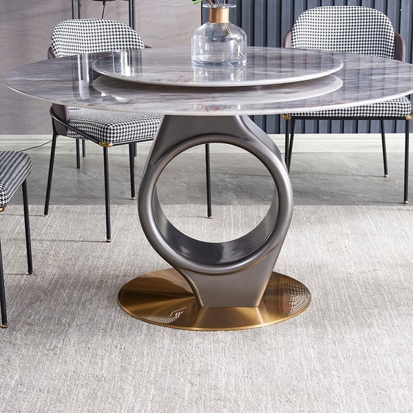 Modern Grey Round Dining Table with Lazy Susan and Faux Marble TabletopHomary