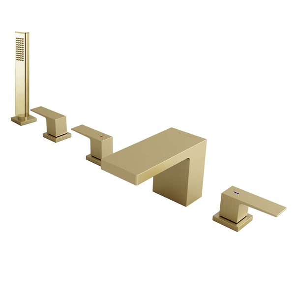 Gold Waterfall Deck Mounted 5Hole Bath Tap with Handshower Solid Brass