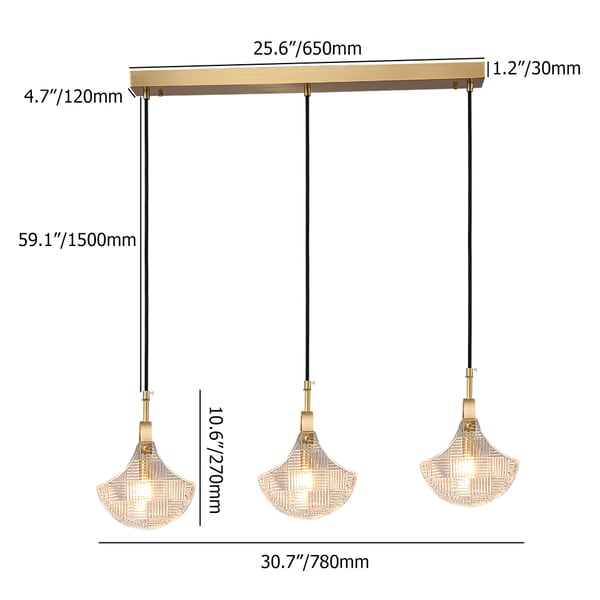 Brass Pendant Light 3Light Kitchen Island Lighting with Clear Glass