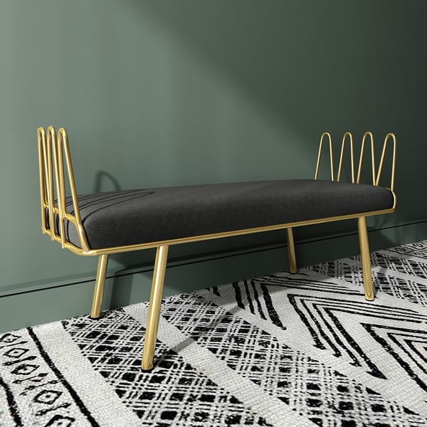 Deep Gray Entryway Bench Modern Upholstered Velvet Bench Metal in Gold