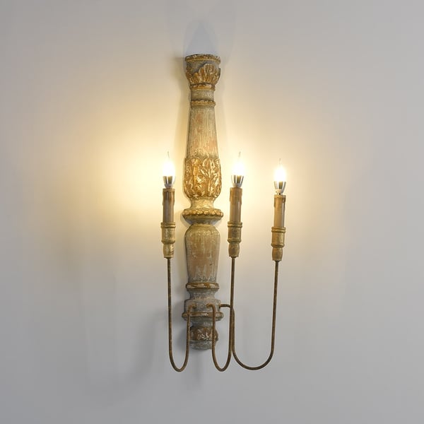 French Country 3-Light Wood Candle Wall Sconce Distressed Carved Design ...