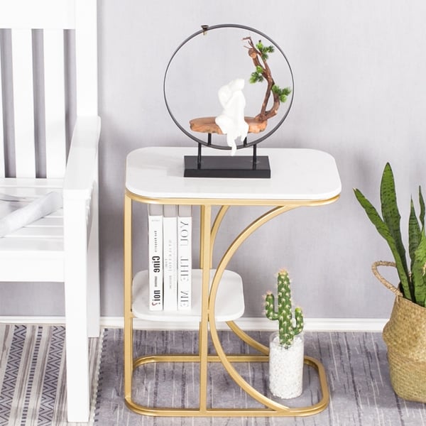 White Rectangular Faux Marble Side Table Gold FinishHomary