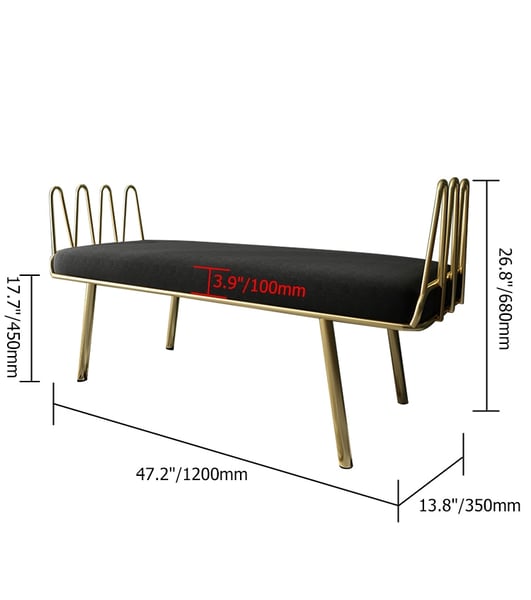 Deep Gray Entryway Bench Modern Upholstered Velvet Bench Metal in Gold