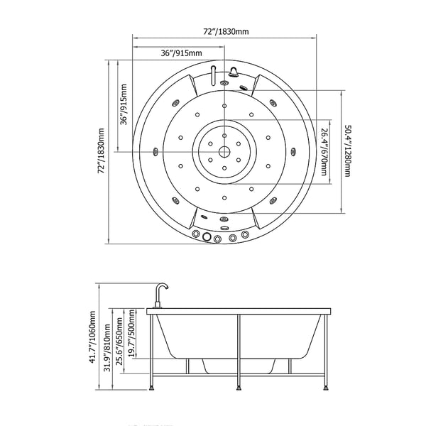 Modern 72" Round LED DropIn Jetted Tub White Acrylic Whirlpool Tub