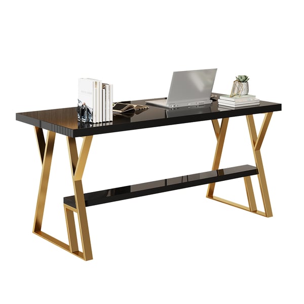 1200mm Rectangular Black Computer Desk with Drawer and Shelf Gold Leg