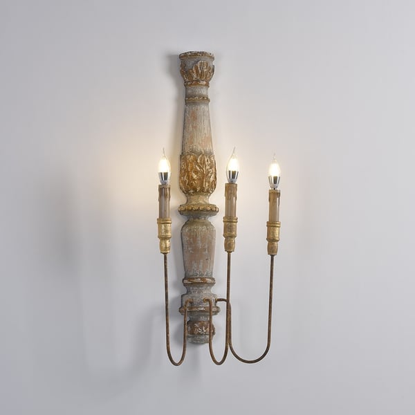 French Country 3Light Wood Candle Wall Sconce Distressed Carved Design