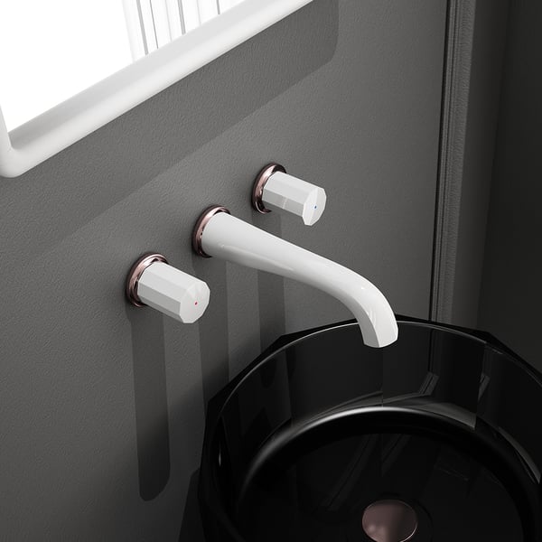 White & Rose Gold Wall Mounted Bathroom Basin Tap Solid BrassHomary