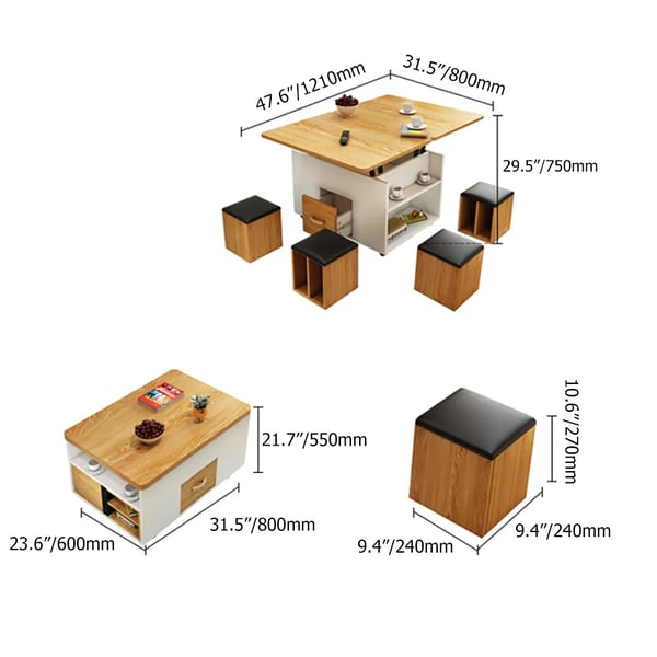Vintage Lift Top Coffee Table Set with Storage&Stools Extendable in White Homary