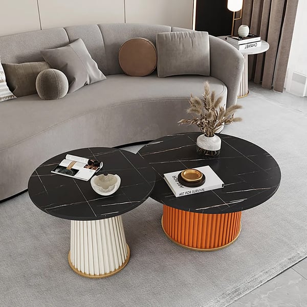 2 Pieces Modern Round Coffee Table Set in Black & Red & Grey Homary UK