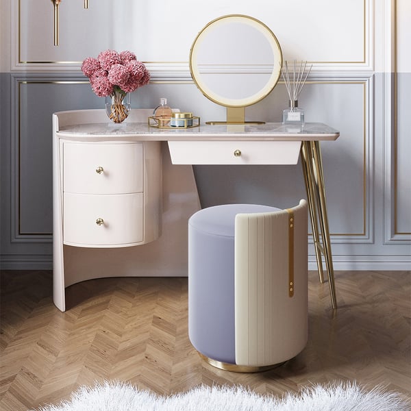 Modern OffWhite Makeup Vanity Set Dressing Table with Drawers & Stool