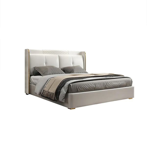 Queen Upholstered Platform Bed with Faux Leather Wingback Headboard in