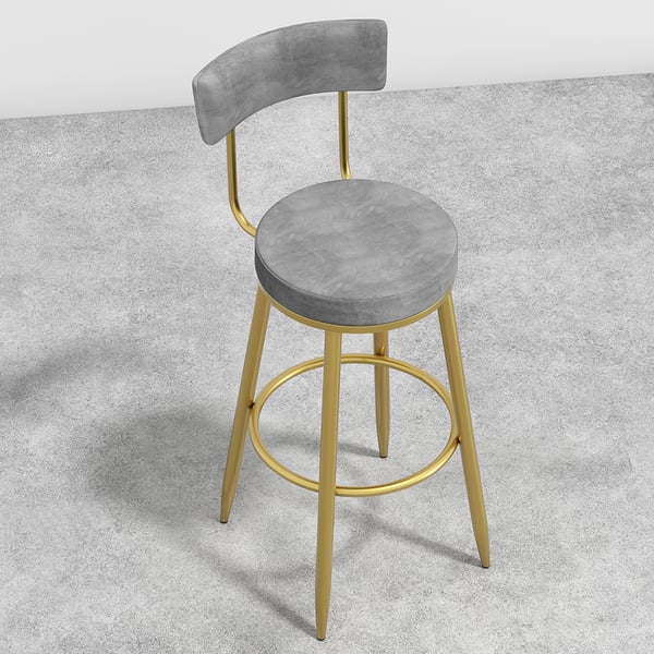 Modern Gray Velvet Counter Height Bar Stool with Back Gold Metal