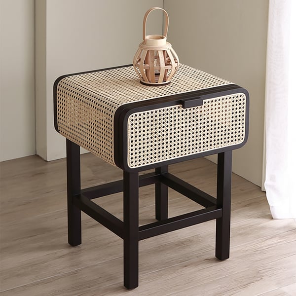 Black Rattan Nightstand for Bedroom Living Room Storage Bedside Table