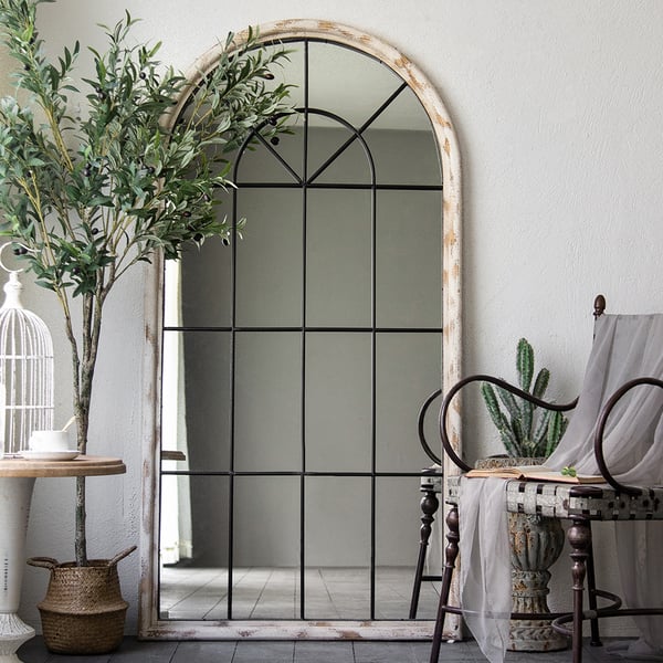 Full Length Arch Mirror Farmhouse Floor Mirror in Distressed White Homary