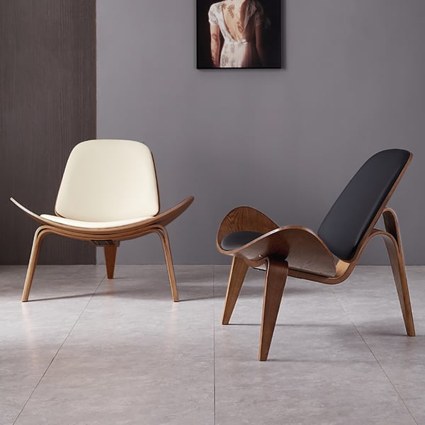 Modern Tripod White Leather Lounge Chair with Single Side in Walnut