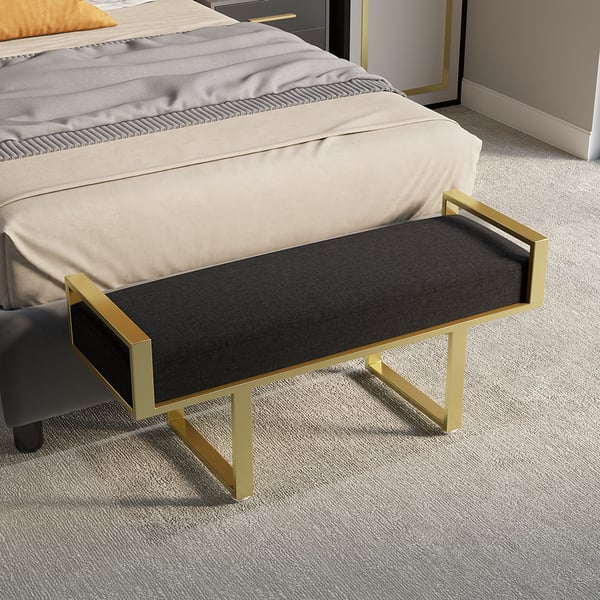 Black Bedroom Bench with Gold Base Linen Upholstered Ottoman Entryway