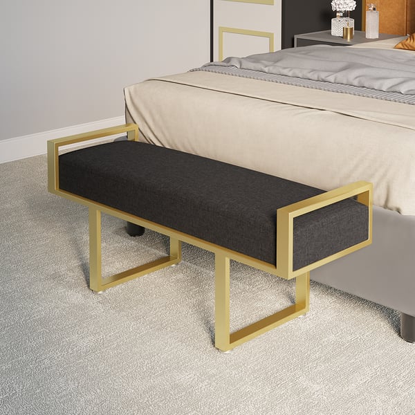 Black Bedroom Bench with Gold Base Linen Upholstered Ottoman Entryway