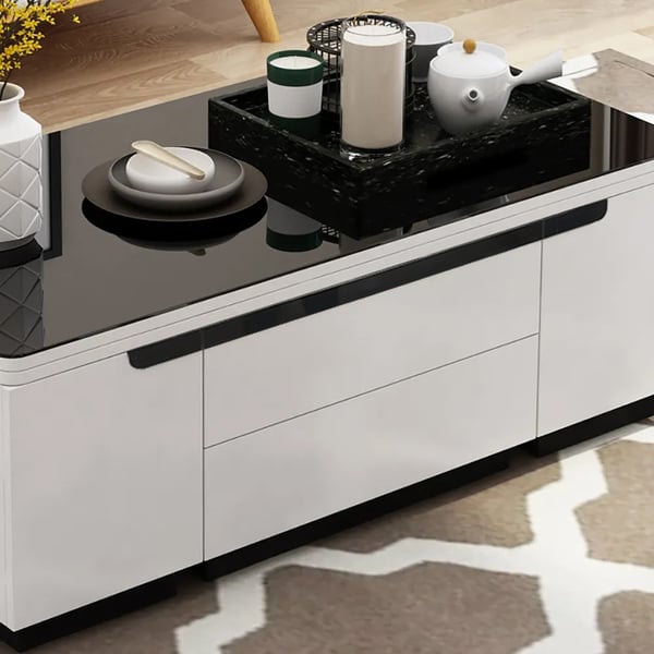 Modern White Lift Top Glass Coffee Table with Drawers & Storage