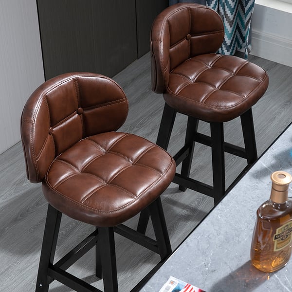 Brown Rustic Upholstered Rustic Bar Stools Set of 2 PU Leather Tufted Curved Back