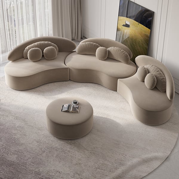 Modern Khaki 4 Pieces Curved Sectional Modular Sofa Velvet Upholstered with Ottoman