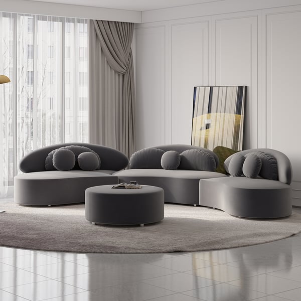 Velvet Sectional Sofa Set with Ottoman Modern 7-Seat Curved Floor Sofa in Deep Gray