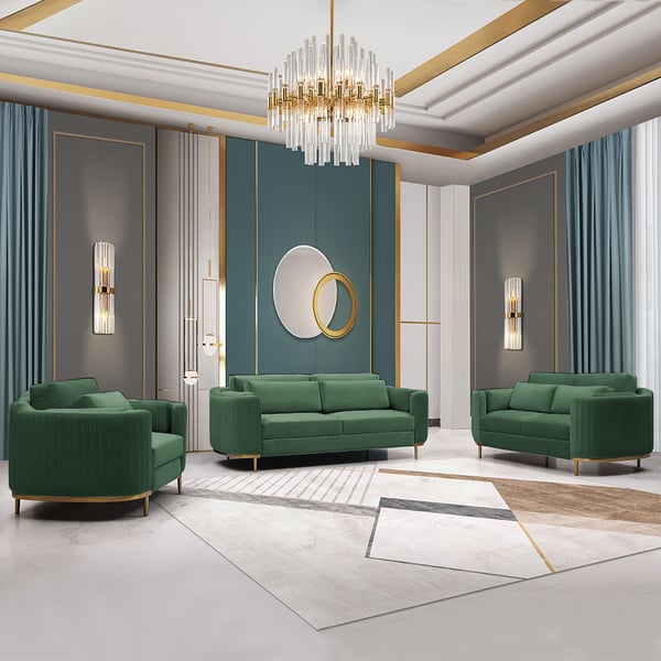 Modern Living Room Sets Green Velvet Upholstered Chair & Loveseat & Sofa 3 Pieces-Homary