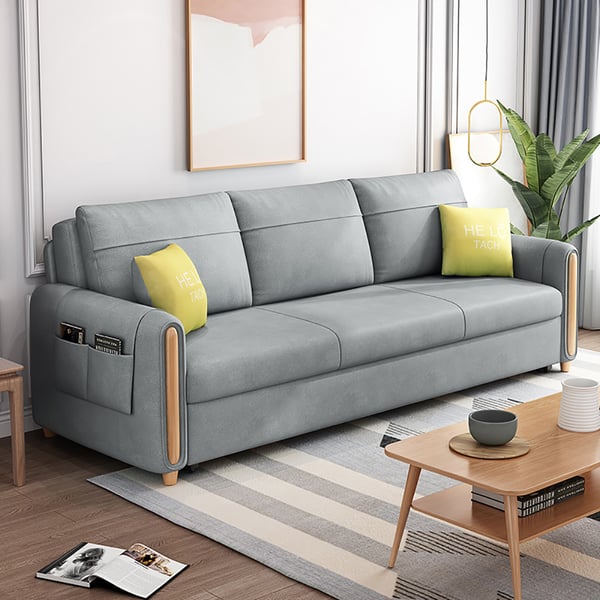 Sofá-cama de brazo completo gris claro de 2060 mm con almacenamiento y bolsillos laterales