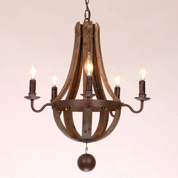 Rustic Reclaimed Wood & Rust Metal 5-Light Chandelier with Candle Light