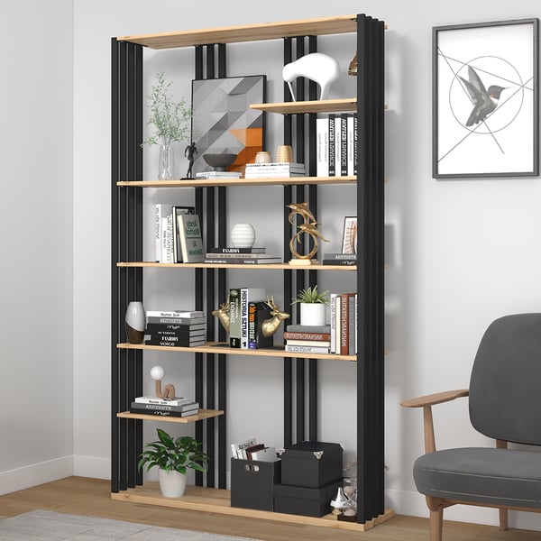 78 „Modernes Etagere Bücherregal aus Stahl, abgestuftes Regal in Natur und Schwarz