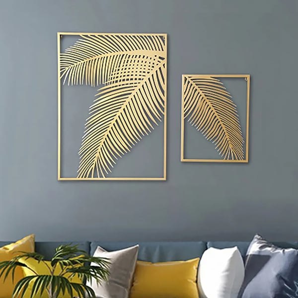 Ensemble d'art d'intérieur rectangulaire en forme de feuille de palmier en métal, 2 pièces en or, pour salon