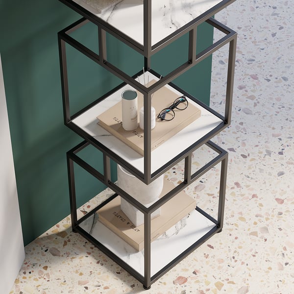 Modern Black Cube Bookcase with Metal 4-Tier Bookshelf Tower Display Tall Shelf