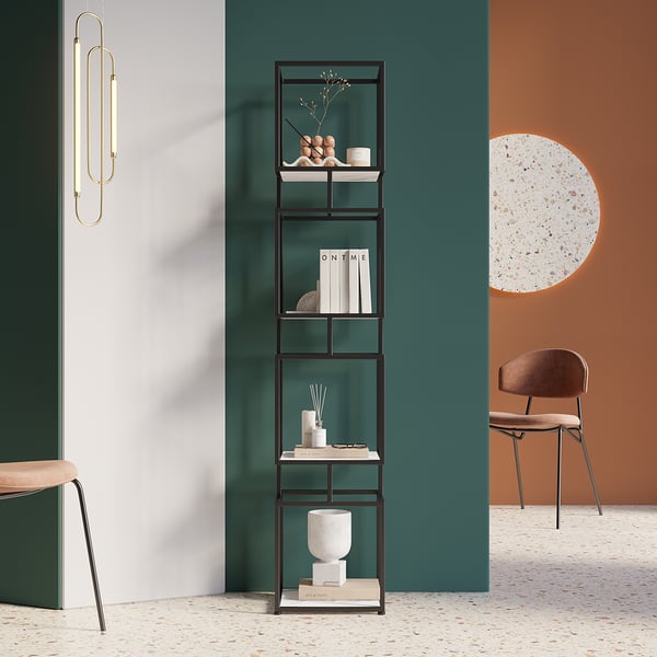 Modern Black Cube Bookcase with Metal 4-Tier Bookshelf Tower Display Tall Shelf