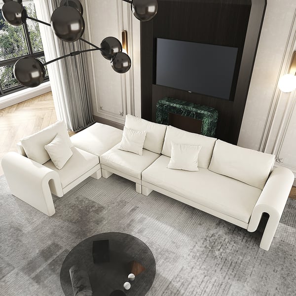 142" LShaped Modern White Velvet Modular Sectional Sofa with Ottoman