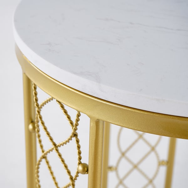 Modern White Round End Table with Storage Marble Side Table Metal in
