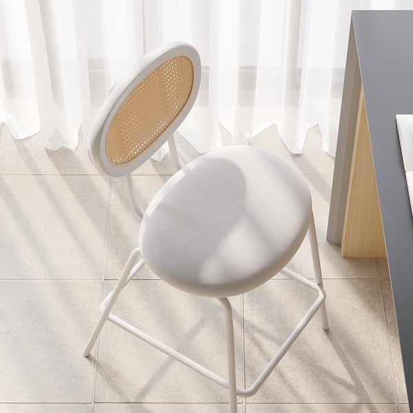 White Velvet Counter Height Stools (Set of 2) with Rattan Back for