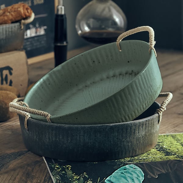 Retro Green Ceramic Serving Tray Vintage Handmade Round Pottery Dish