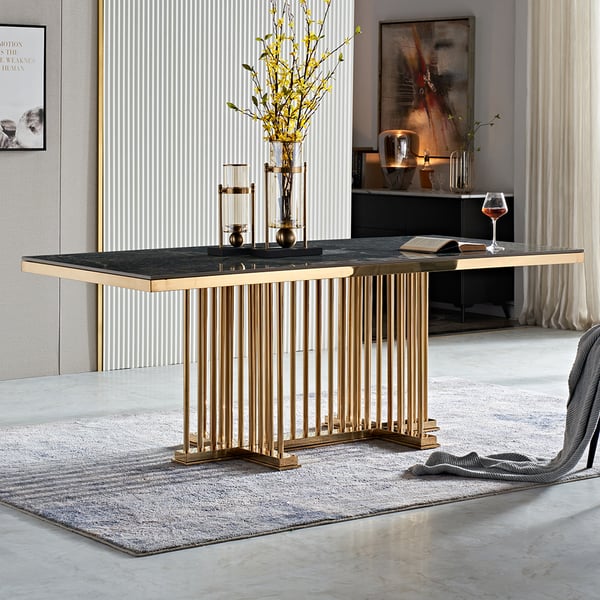 70.9" Modern Rectangular Glossy Sintered Stone Dining Table Gold ...