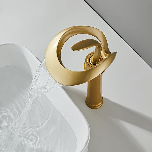 Modern Elegant Waterfall Bathroom Vessel Sink Faucet Single Handle Solid Brass in Gold