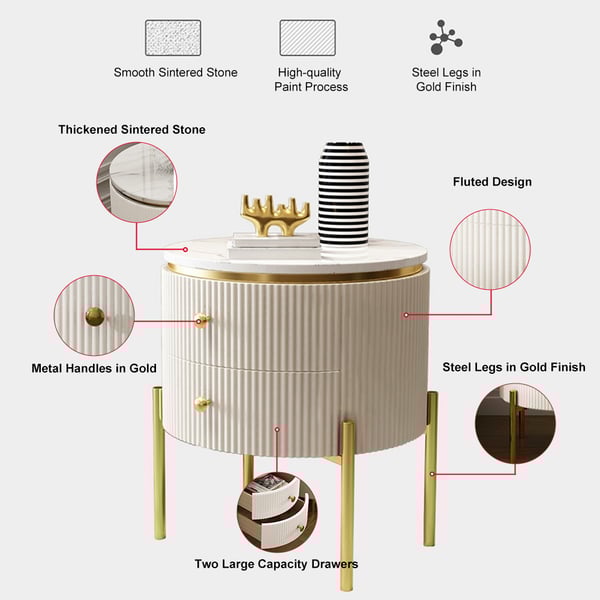 Yelly Modern Round End Table With Storage Drawers White Faux Marble Side Table Gold LegsHomary