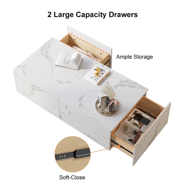 Free Shipping on Set of 2 Square Block Coffee Table Wood in White & Gray Marble Veneer with 2