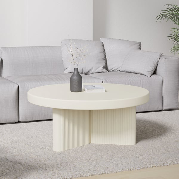 Japandi White Fluted Coffee Table With Round Wood Tabletop Homary