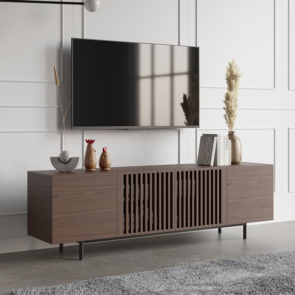 Japandi Slatted Media Console Wood TV Stand in Walnut with Shelves for