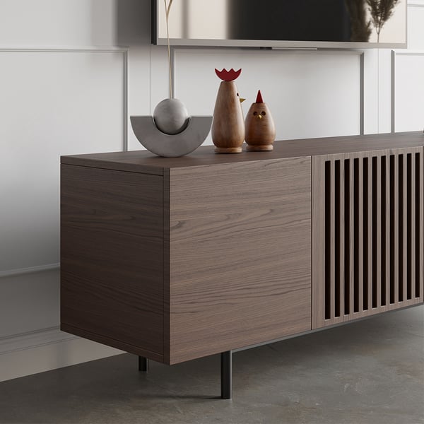 Japandi Slatted Media Console Wood TV Stand in Walnut with Shelves for