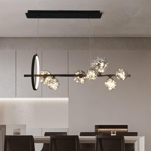 Modern 7Light Black Kitchen Island Light with Glass Globe Shade